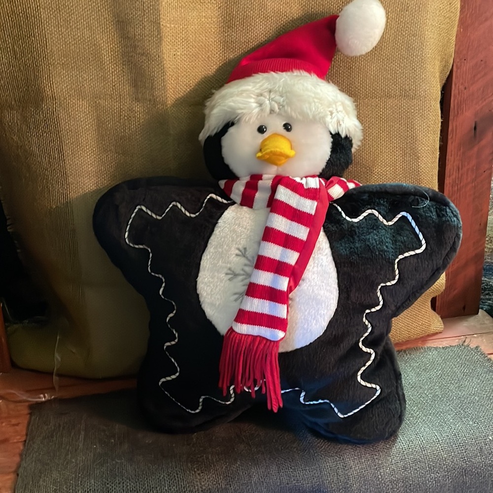 Penguin Holiday Pillow, Penguin with Scarf and Santa Hat, Snowflake embroidery